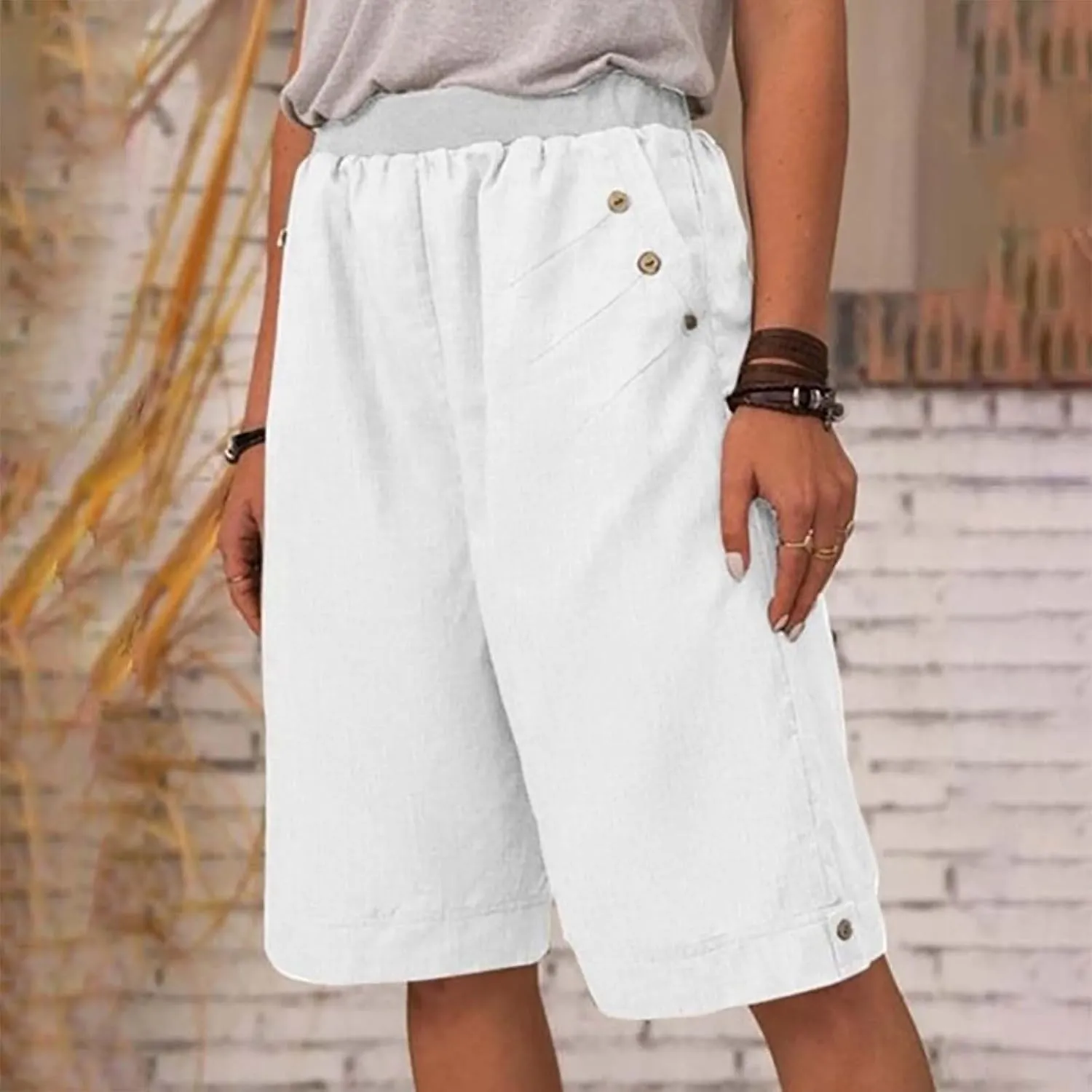 Womens Summer Knee Length Shorts Trendy 2024 High Waisted Cotton Linen Bermuda Shorts Loose Casual Shorts with Pocket
