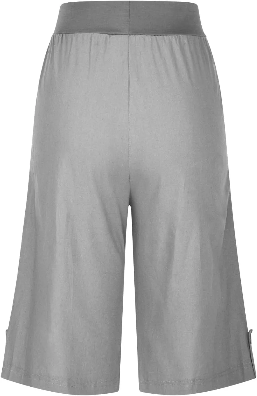Womens Summer Knee Length Shorts Trendy 2024 High Waisted Cotton Linen Bermuda Shorts Loose Casual Shorts with Pocket