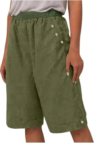 Womens Summer Knee Length Shorts Trendy 2024 High Waisted Cotton Linen Bermuda Shorts Loose Casual Shorts with Pocket