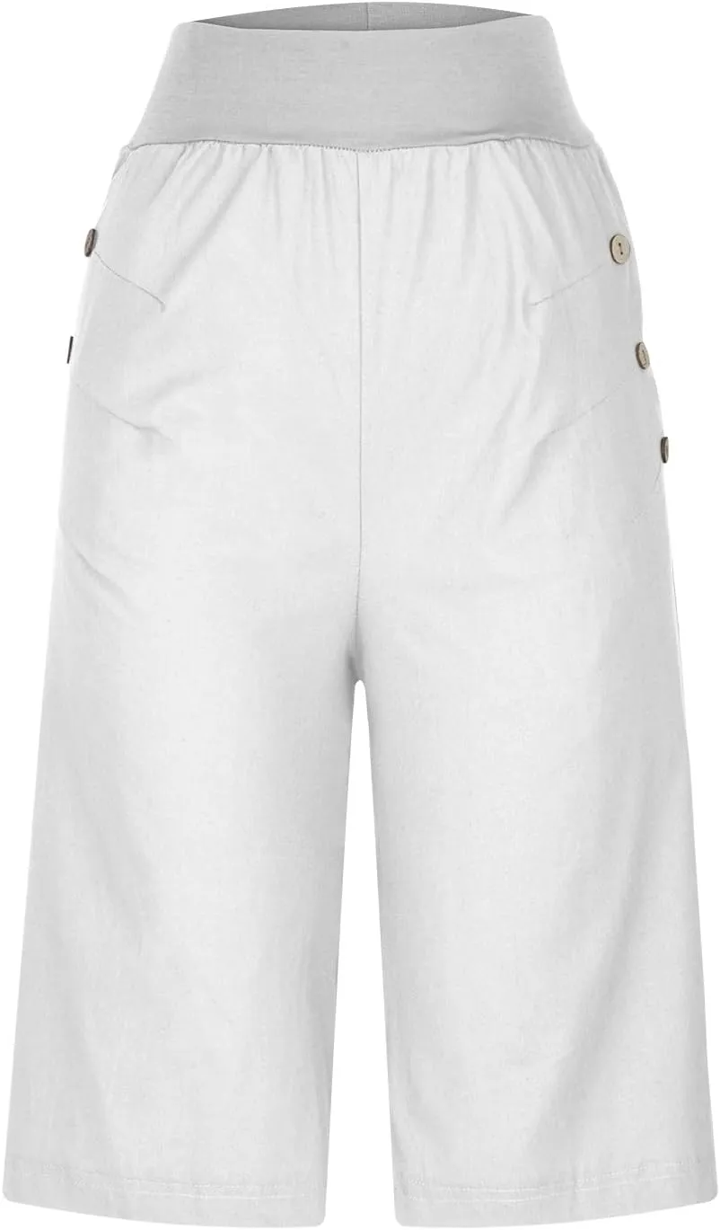 Womens Summer Knee Length Shorts Trendy 2024 High Waisted Cotton Linen Bermuda Shorts Loose Casual Shorts with Pocket