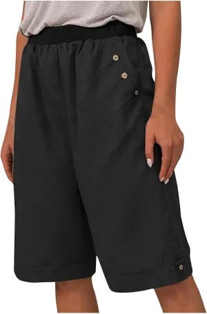 Womens Summer Knee Length Shorts Trendy 2024 High Waisted Cotton Linen Bermuda Shorts Loose Casual Shorts with Pocket