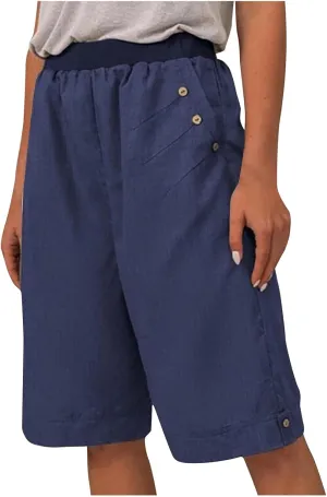 Womens Summer Knee Length Shorts Trendy 2024 High Waisted Cotton Linen Bermuda Shorts Loose Casual Shorts with Pocket