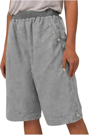 Womens Summer Knee Length Shorts Trendy 2024 High Waisted Cotton Linen Bermuda Shorts Loose Casual Shorts with Pocket