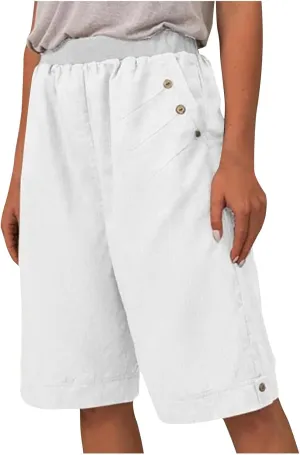 Womens Summer Knee Length Shorts Trendy 2024 High Waisted Cotton Linen Bermuda Shorts Loose Casual Shorts with Pocket