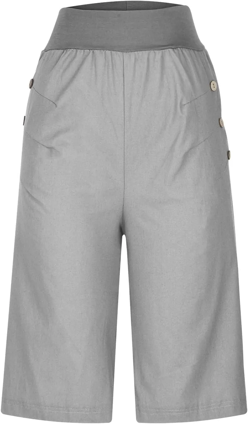 Womens Summer Knee Length Shorts Trendy 2024 High Waisted Cotton Linen Bermuda Shorts Loose Casual Shorts with Pocket