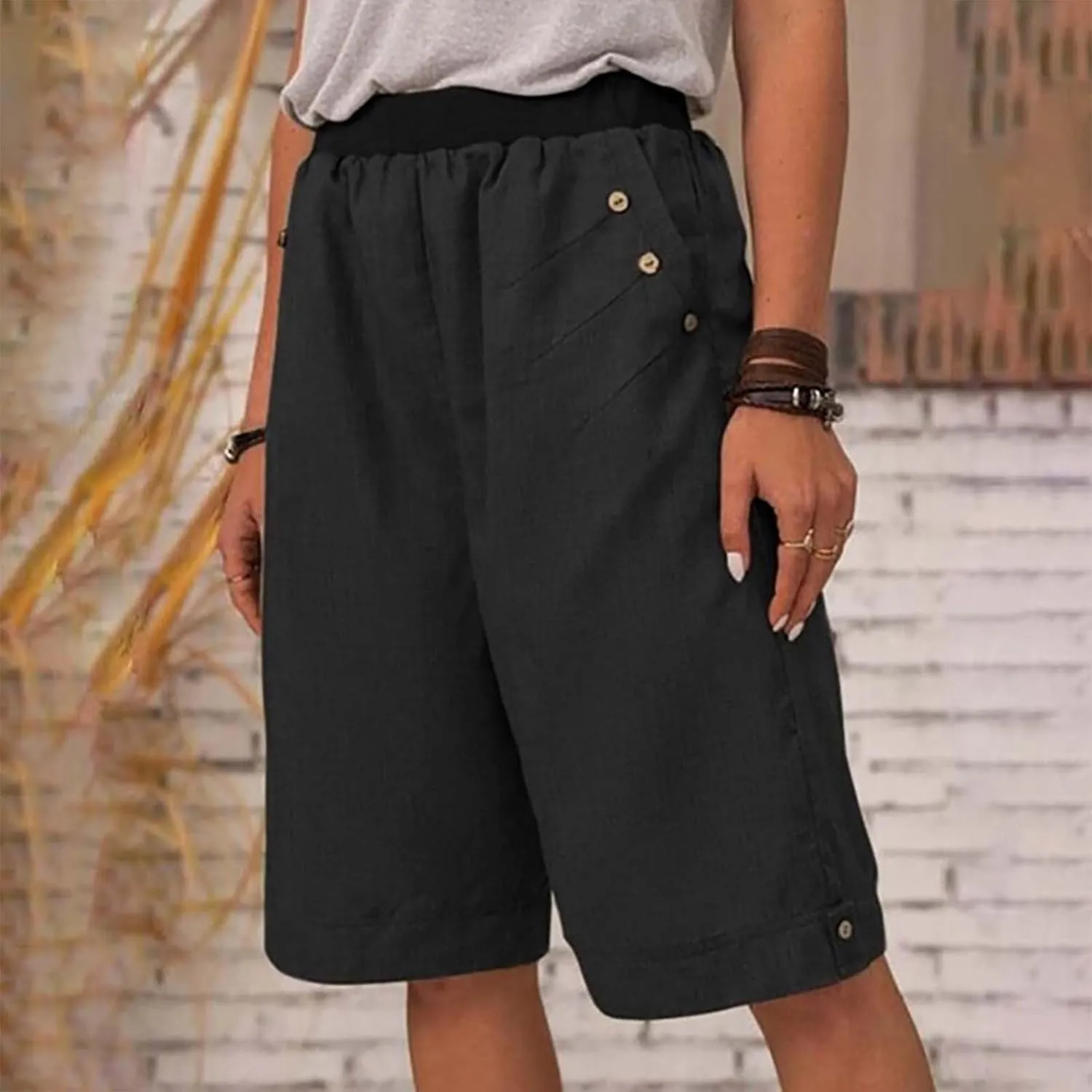 Womens Summer Knee Length Shorts Trendy 2024 High Waisted Cotton Linen Bermuda Shorts Loose Casual Shorts with Pocket