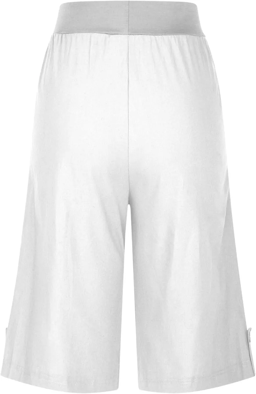 Womens Summer Knee Length Shorts Trendy 2024 High Waisted Cotton Linen Bermuda Shorts Loose Casual Shorts with Pocket