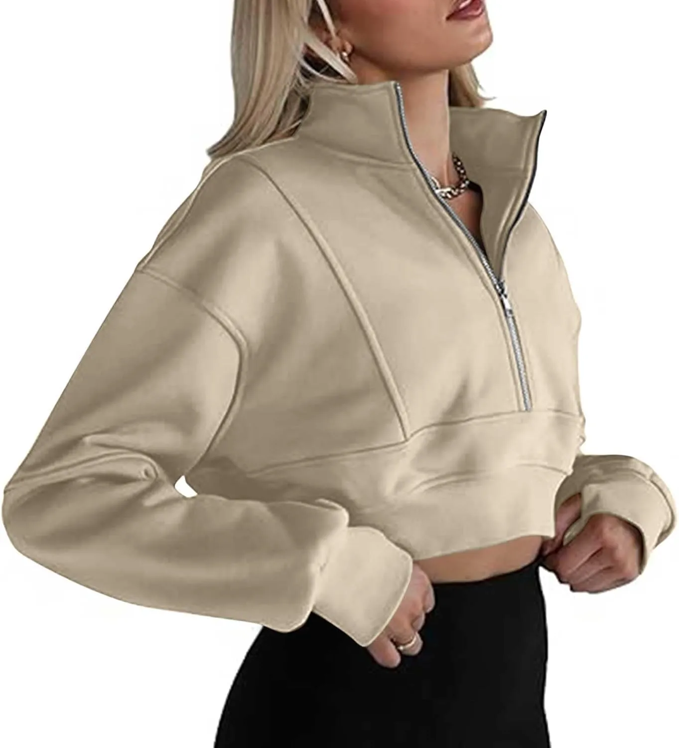 Womens Sweatshirt Half Zip Cropped Pullover Sweatshirts Stand Collar Pullover Tops With Thumb Hole Fleece Soft Outfits