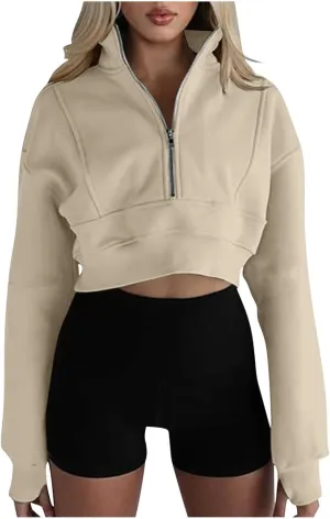 Womens Sweatshirt Half Zip Cropped Pullover Sweatshirts Stand Collar Pullover Tops With Thumb Hole Fleece Soft Outfits