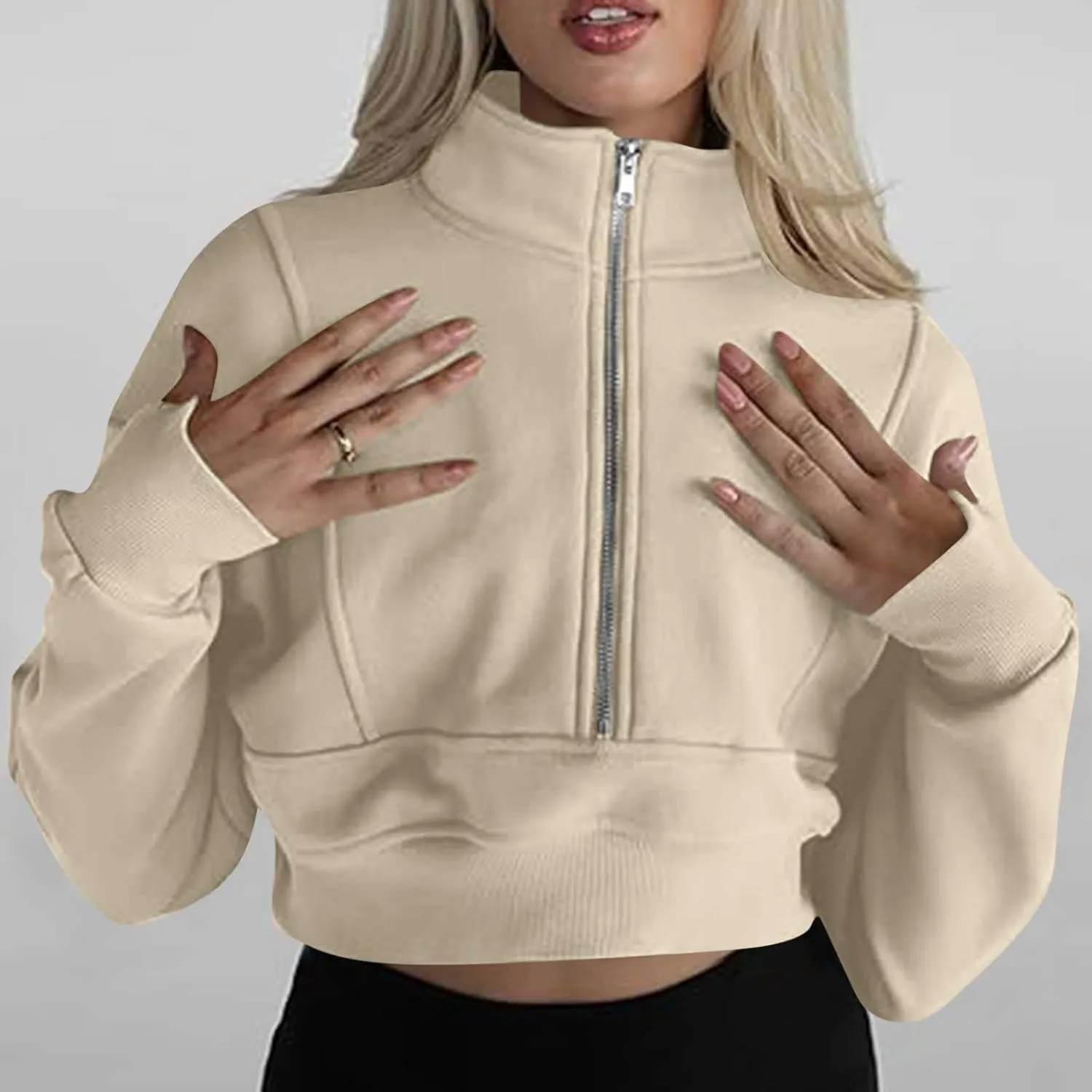 Womens Sweatshirt Half Zip Cropped Pullover Sweatshirts Stand Collar Pullover Tops With Thumb Hole Fleece Soft Outfits