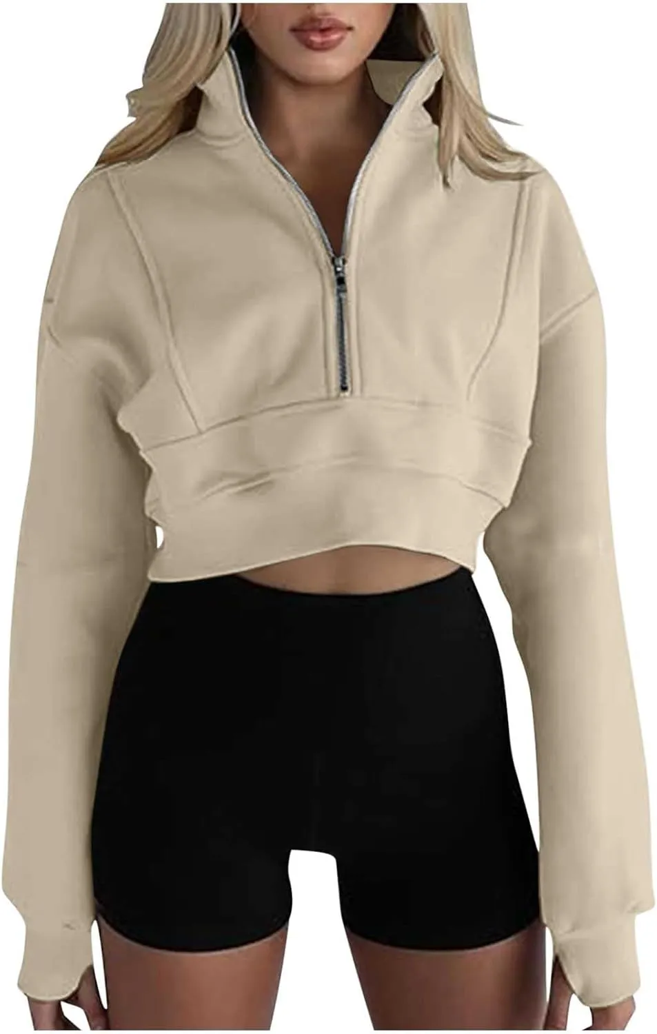 Womens Sweatshirt Half Zip Cropped Pullover Sweatshirts Stand Collar Pullover Tops With Thumb Hole Fleece Soft Outfits