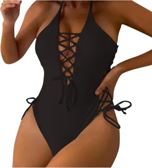 Women's Swimsuit One Piece Halter Drawstring V Neck Bathing Suit Backless Tummy Control Slimming Swimwear 2025 Outfit