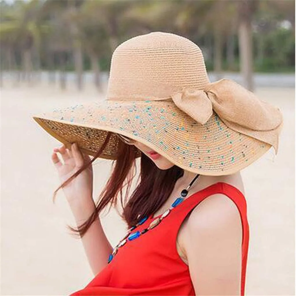 Women's Wide Brim Beach Sun Straw Hat Women UPF50 Travel Floppy Foldable Roll up Cap Summer Large Brim Sun Hat