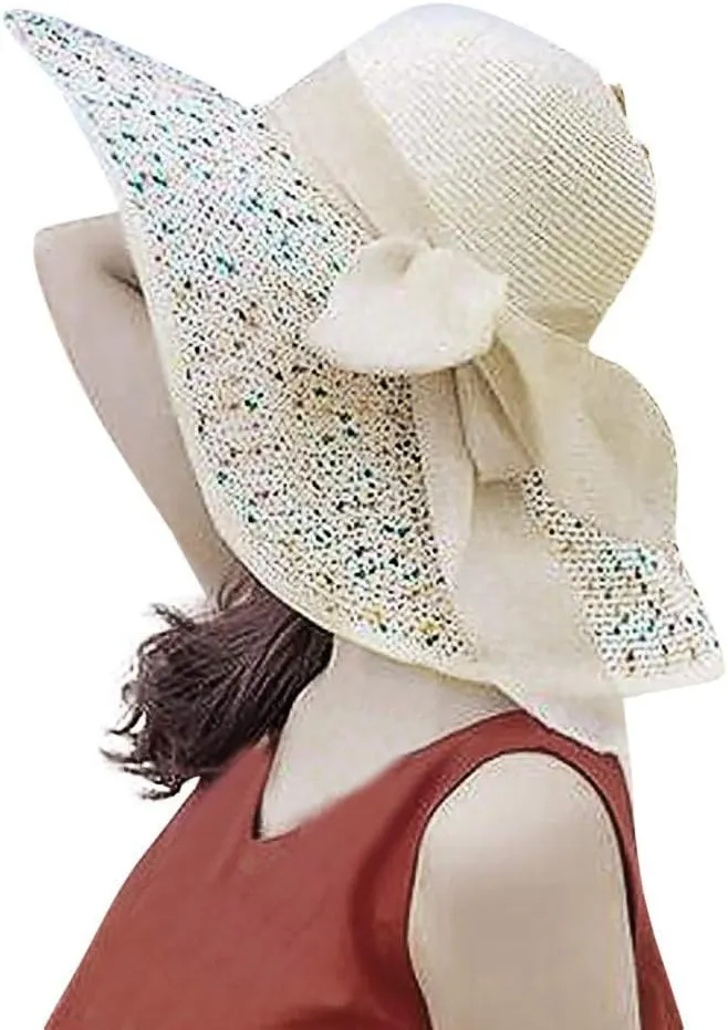 Women's Wide Brim Beach Sun Straw Hat Women UPF50 Travel Floppy Foldable Roll up Cap Summer Large Brim Sun Hat