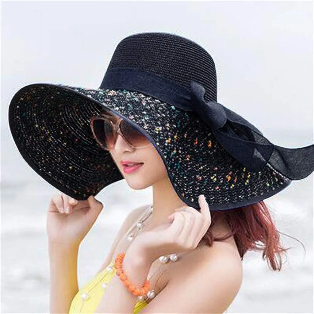 Women's Wide Brim Beach Sun Straw Hat Women UPF50 Travel Floppy Foldable Roll up Cap Summer Large Brim Sun Hat