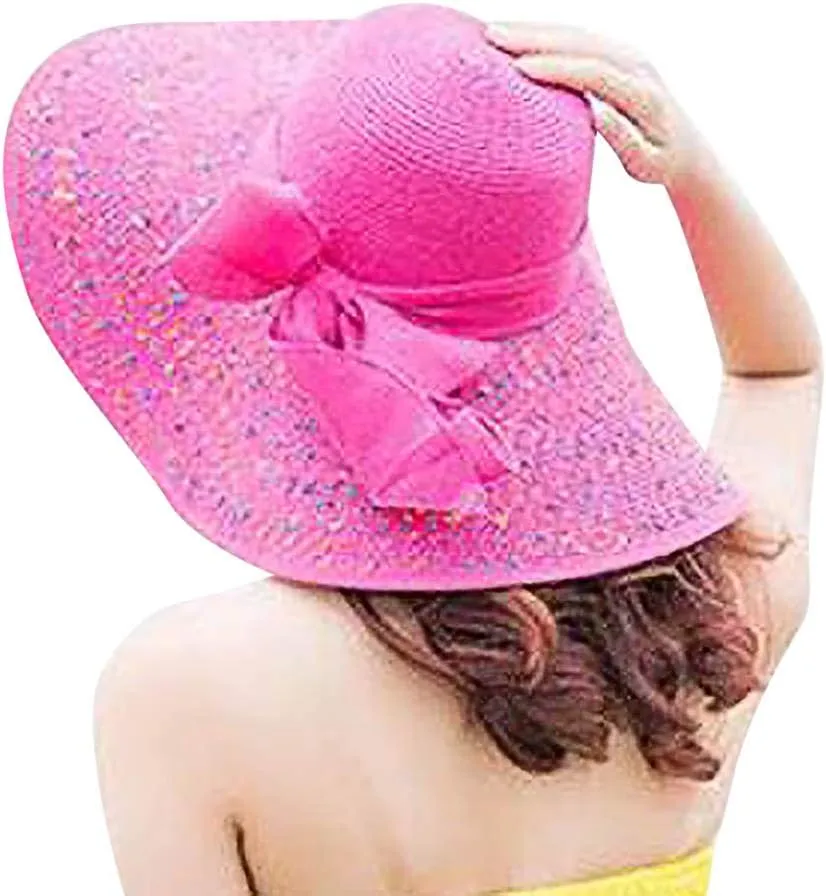 Women's Wide Brim Beach Sun Straw Hat Women UPF50 Travel Floppy Foldable Roll up Cap Summer Large Brim Sun Hat