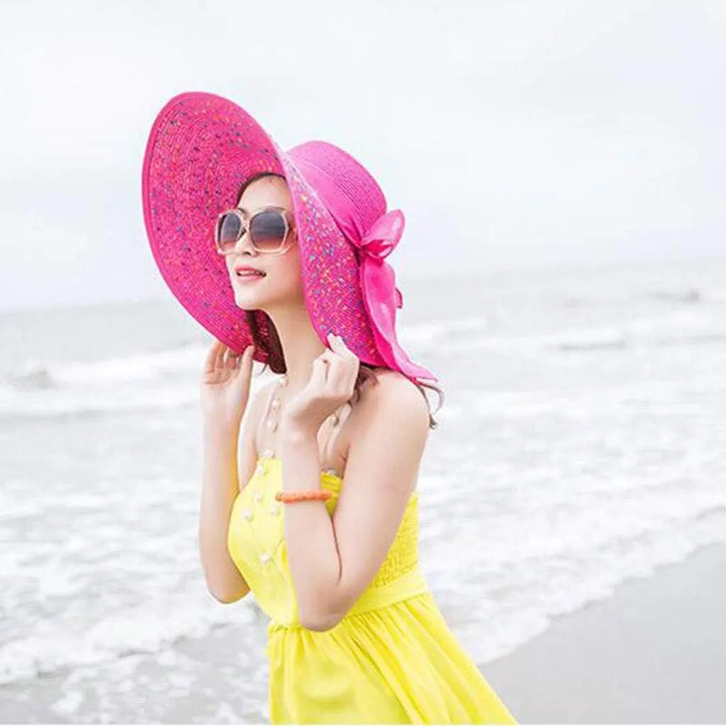 Women's Wide Brim Beach Sun Straw Hat Women UPF50 Travel Floppy Foldable Roll up Cap Summer Large Brim Sun Hat