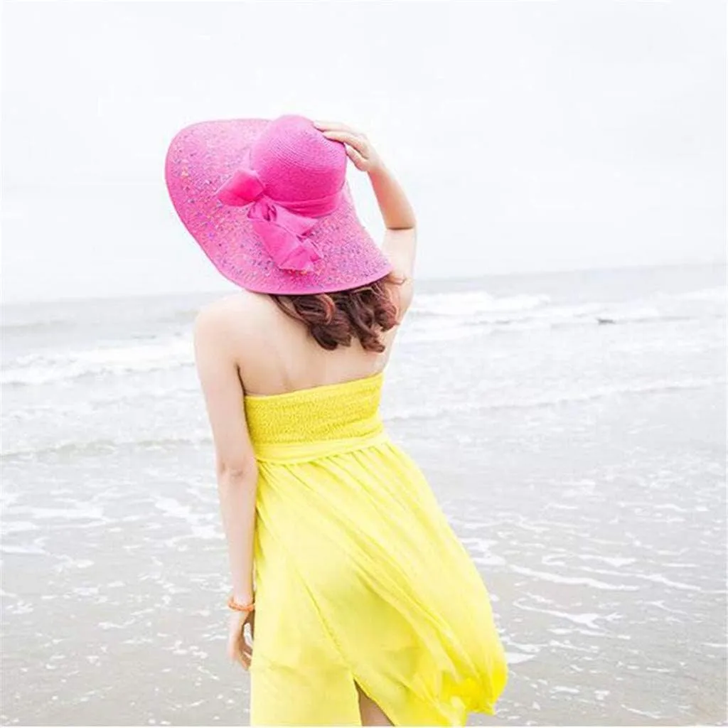 Women's Wide Brim Beach Sun Straw Hat Women UPF50 Travel Floppy Foldable Roll up Cap Summer Large Brim Sun Hat