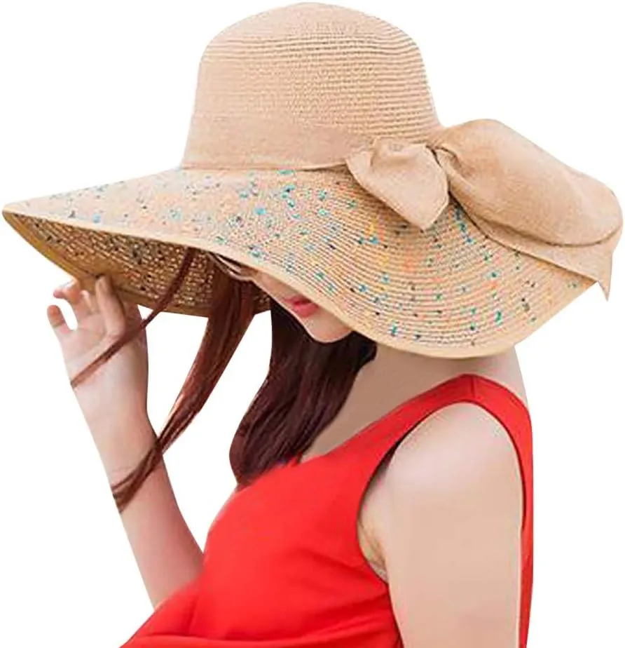 Women's Wide Brim Beach Sun Straw Hat Women UPF50 Travel Floppy Foldable Roll up Cap Summer Large Brim Sun Hat