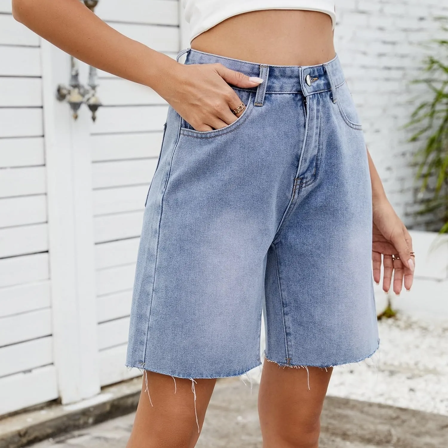 Womens Wide Leg Denim Shorts Stretchy High Waisted Streetwear Jean Shorts Knee Length Classic Relaxed Hip-Hop Short