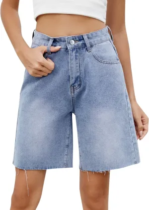 Womens Wide Leg Denim Shorts Stretchy High Waisted Streetwear Jean Shorts Knee Length Classic Relaxed Hip-Hop Short