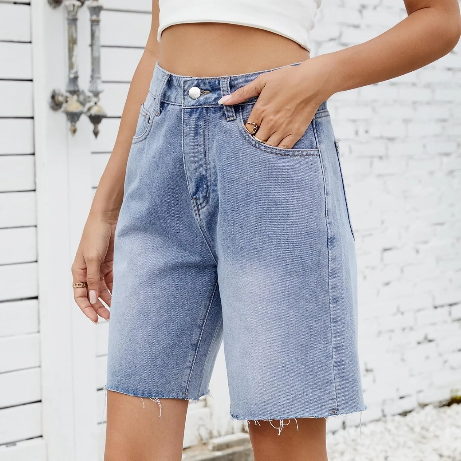 Womens Wide Leg Denim Shorts Stretchy High Waisted Streetwear Jean Shorts Knee Length Classic Relaxed Hip-Hop Short
