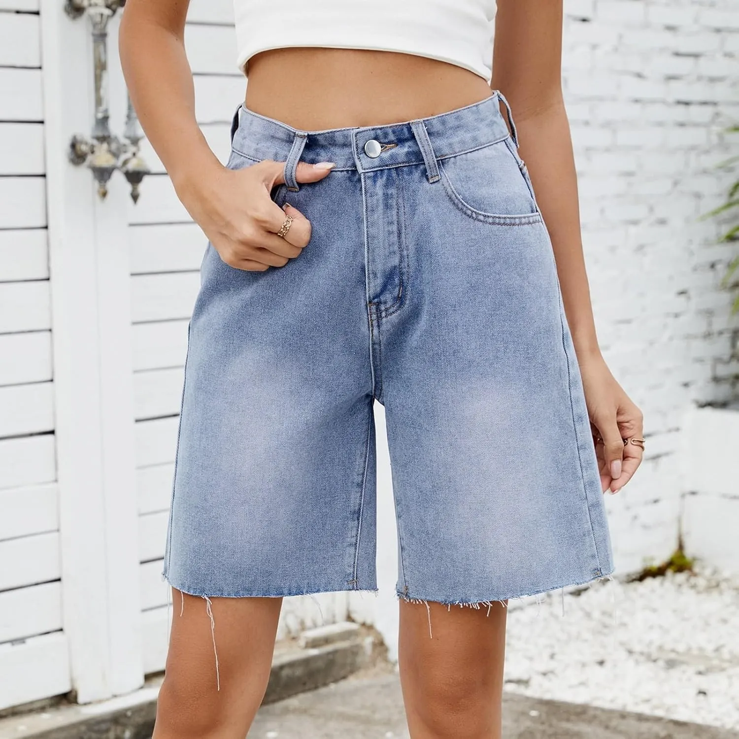 Womens Wide Leg Denim Shorts Stretchy High Waisted Streetwear Jean Shorts Knee Length Classic Relaxed Hip-Hop Short