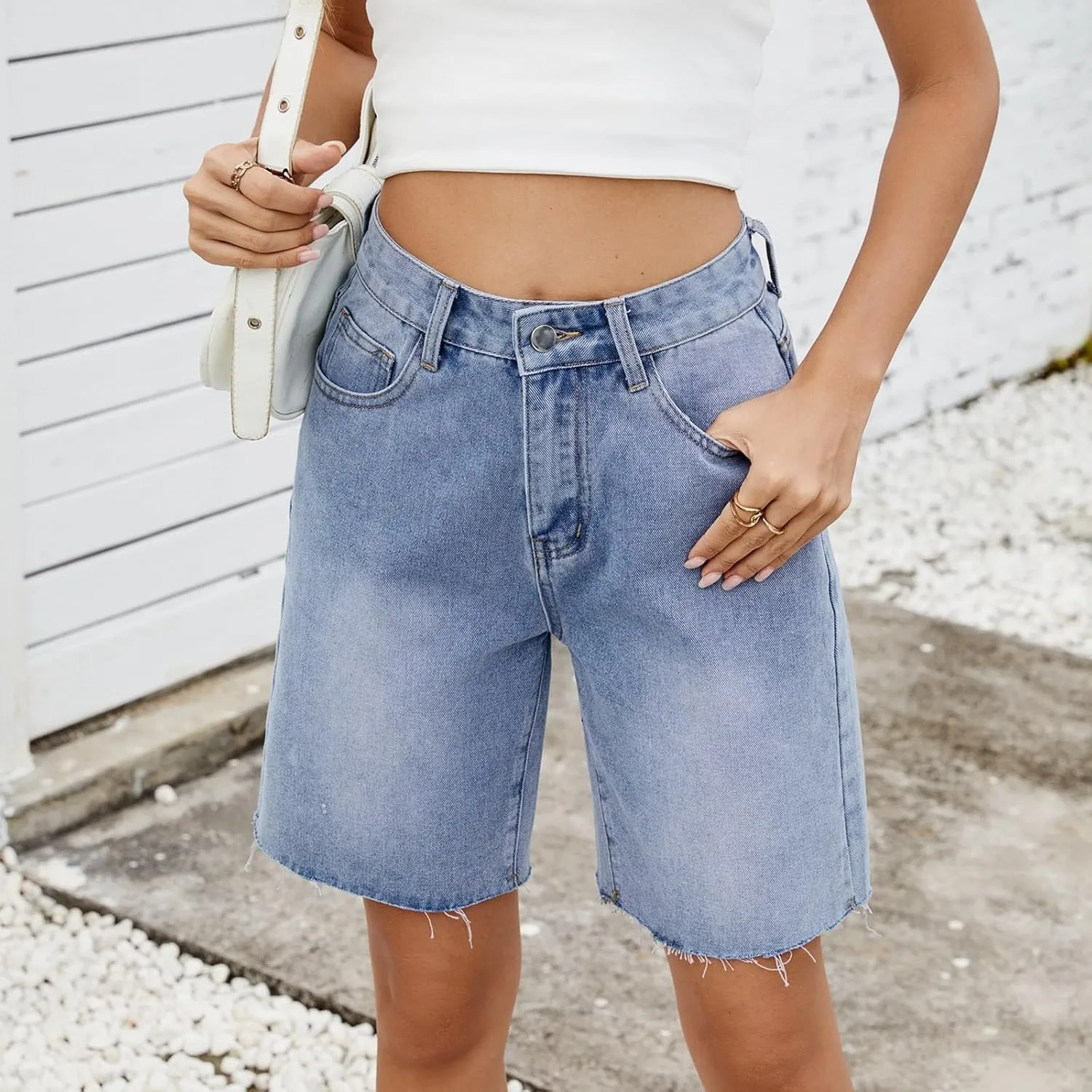 Womens Wide Leg Denim Shorts Stretchy High Waisted Streetwear Jean Shorts Knee Length Classic Relaxed Hip-Hop Short