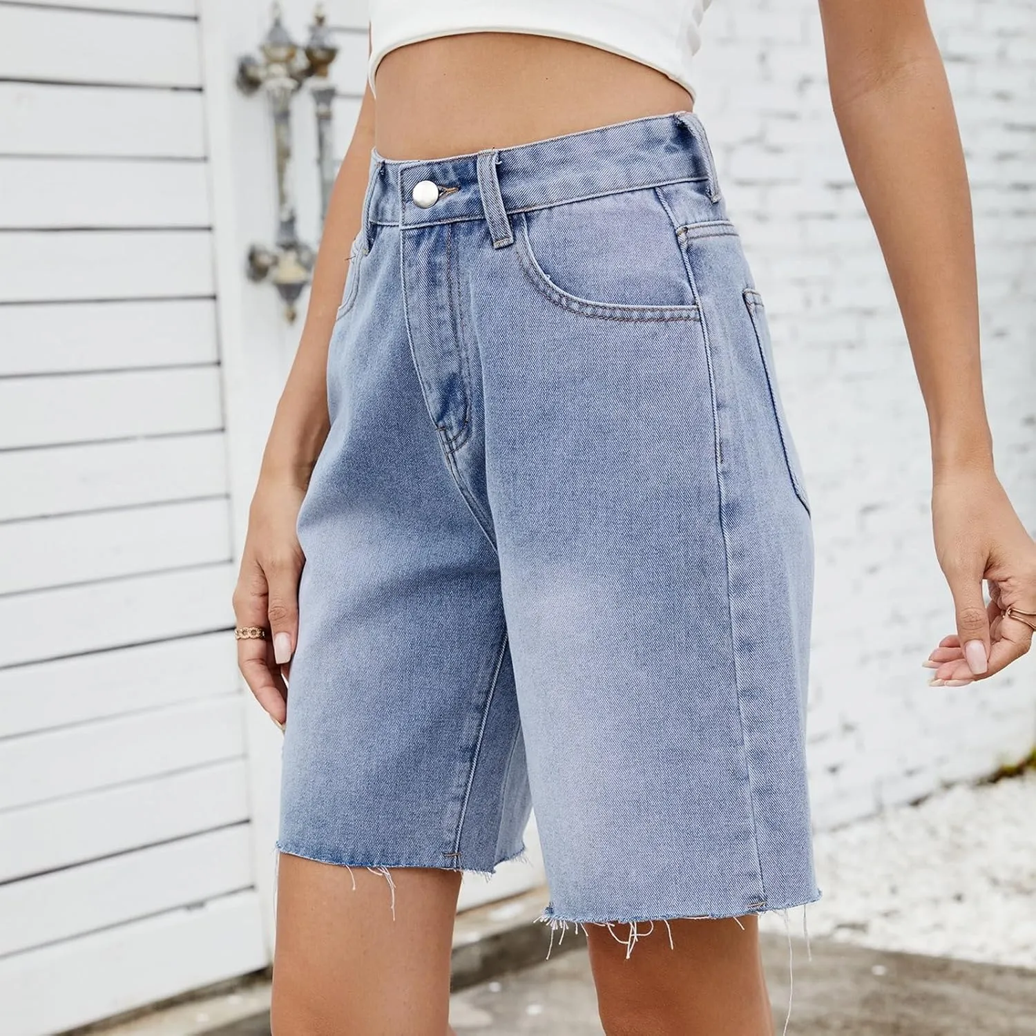 Womens Wide Leg Denim Shorts Stretchy High Waisted Streetwear Jean Shorts Knee Length Classic Relaxed Hip-Hop Short