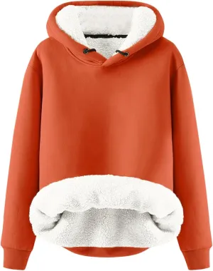 Women's Winter Warm Fleece Sherpa Lined Hoodies Solid Crewneck Hooded Sweatshirts Thick Pullover Jumper Tops