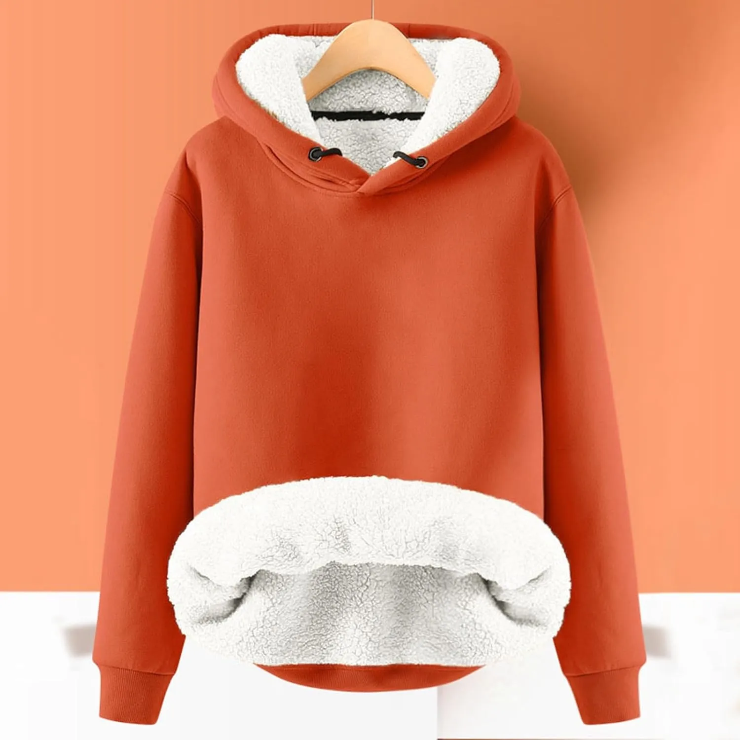 Women's Winter Warm Fleece Sherpa Lined Hoodies Solid Crewneck Hooded Sweatshirts Thick Pullover Jumper Tops