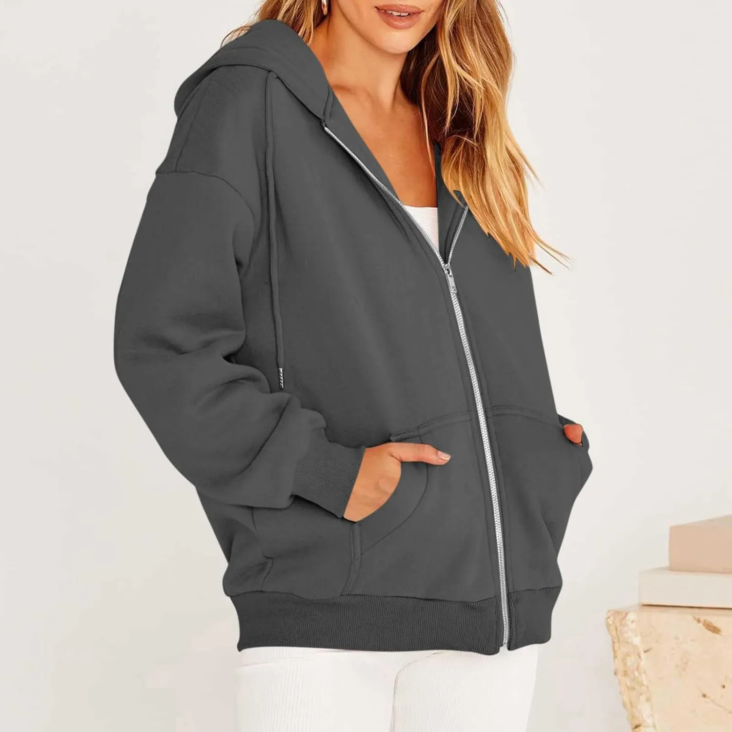 Womens Zip Up Hoodies Casual Long Sleeve Oversized Sweatshirts Fleece Y2k Jacket 2024 Fall Fashion Clothes with Pockets