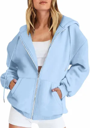 Womens Zip Up Hoodies Casual Long Sleeve Oversized Sweatshirts Fleece Y2k Jacket 2024 Fall Fashion Clothes with Pockets