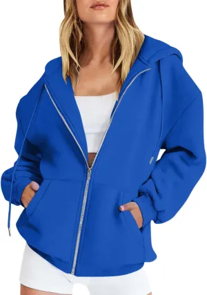 Womens Zip Up Hoodies Casual Long Sleeve Oversized Sweatshirts Fleece Y2k Jacket 2024 Fall Fashion Clothes with Pockets