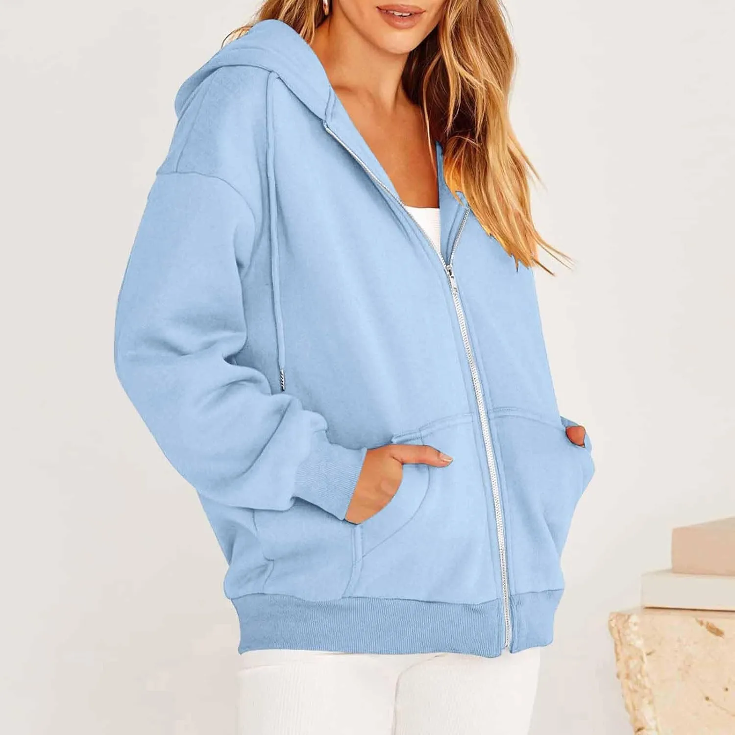 Womens Zip Up Hoodies Casual Long Sleeve Oversized Sweatshirts Fleece Y2k Jacket 2024 Fall Fashion Clothes with Pockets