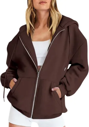 Womens Zip Up Hoodies Casual Long Sleeve Oversized Sweatshirts Fleece Y2k Jacket 2024 Fall Fashion Clothes with Pockets
