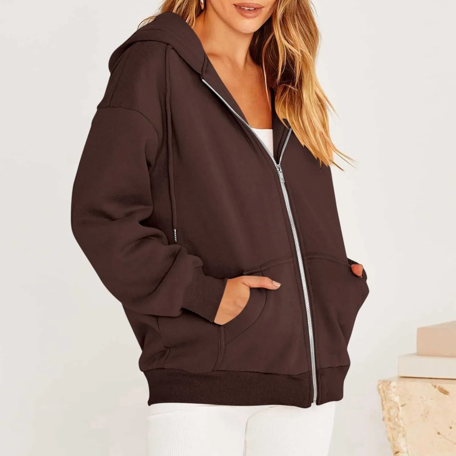 Womens Zip Up Hoodies Casual Long Sleeve Oversized Sweatshirts Fleece Y2k Jacket 2024 Fall Fashion Clothes with Pockets