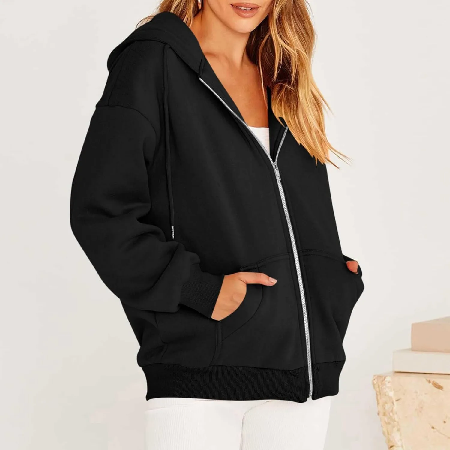 Womens Zip Up Hoodies Casual Long Sleeve Oversized Sweatshirts Fleece Y2k Jacket 2024 Fall Fashion Clothes with Pockets