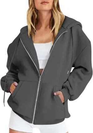 Womens Zip Up Hoodies Casual Long Sleeve Oversized Sweatshirts Fleece Y2k Jacket 2024 Fall Fashion Clothes with Pockets