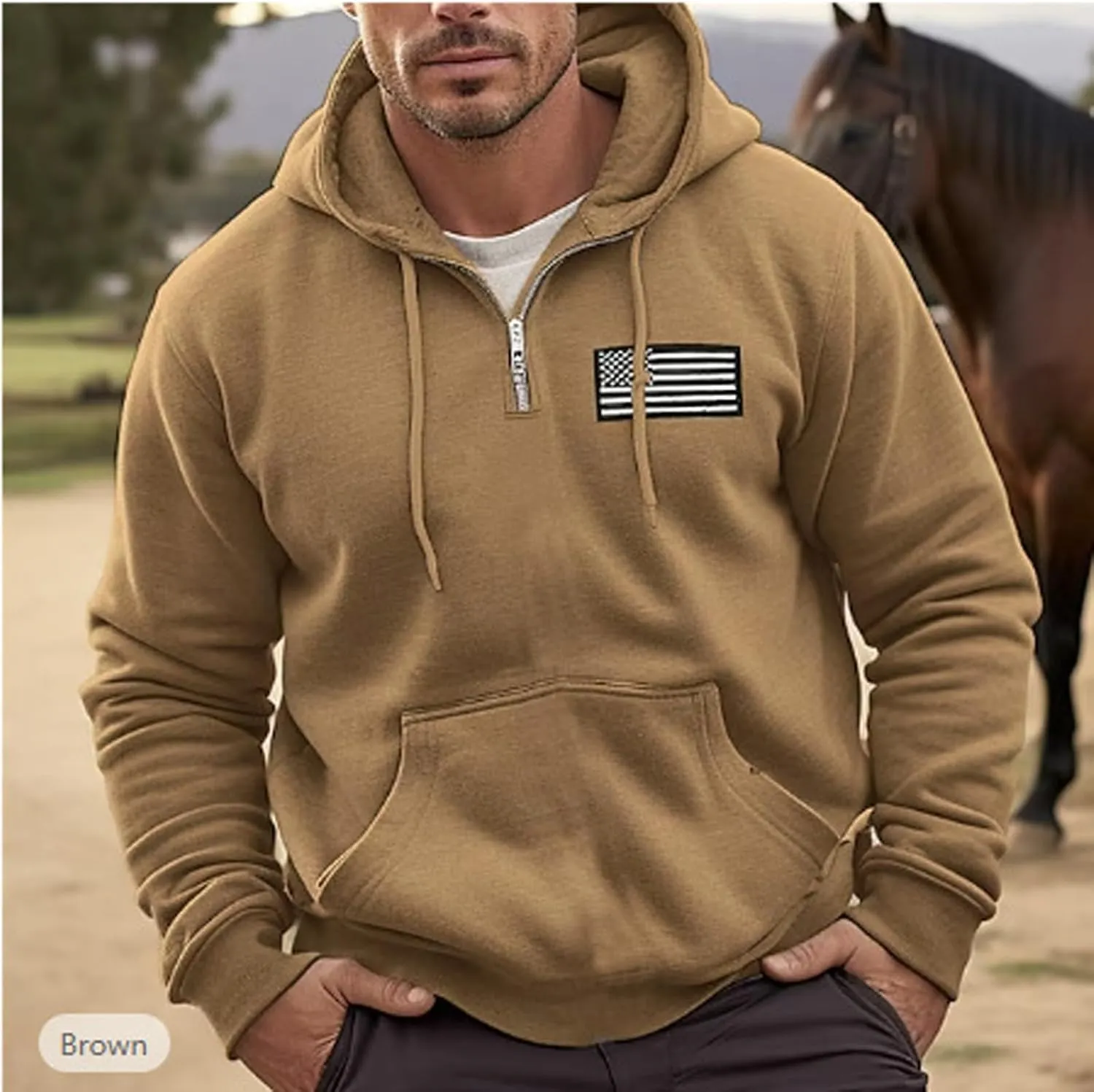 Ymosrh Men's Novelty Hoodies Quarter Zip Hooded Sweatshirt Long Sleeve USA Flag Sweatshirts Print Pullover Hoodie, M-4XL