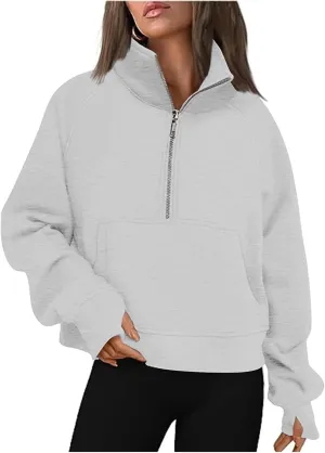 YRAETENM Sweatshirt for Women Oversized Cropped Half Zip Fleece Pullover Comfy Long Sleeve Athletic Fall Tops with Thumb Hole