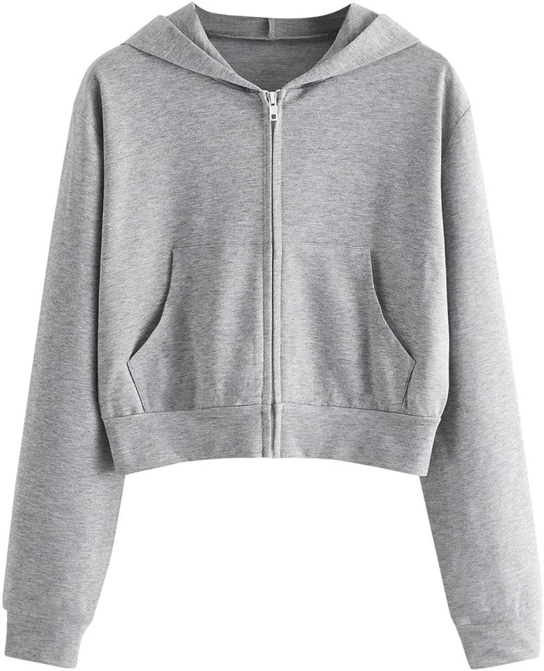Zip Up Cropped Hoodies for Women Fleece Sweatshirts Long Sleeve Plain Sweaters Loose Pullover Fashion Hoodie