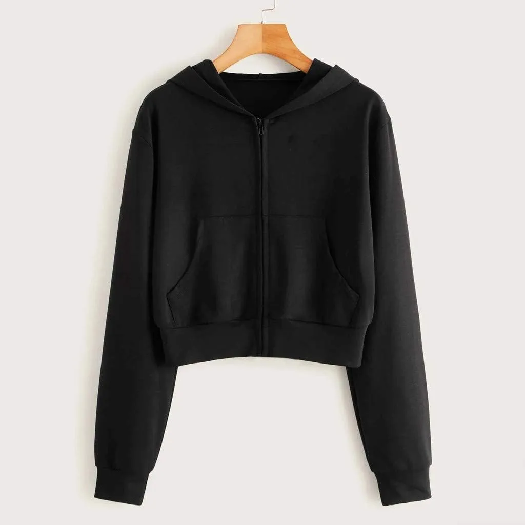 Zip Up Cropped Hoodies for Women Fleece Sweatshirts Long Sleeve Plain Sweaters Loose Pullover Fashion Hoodie