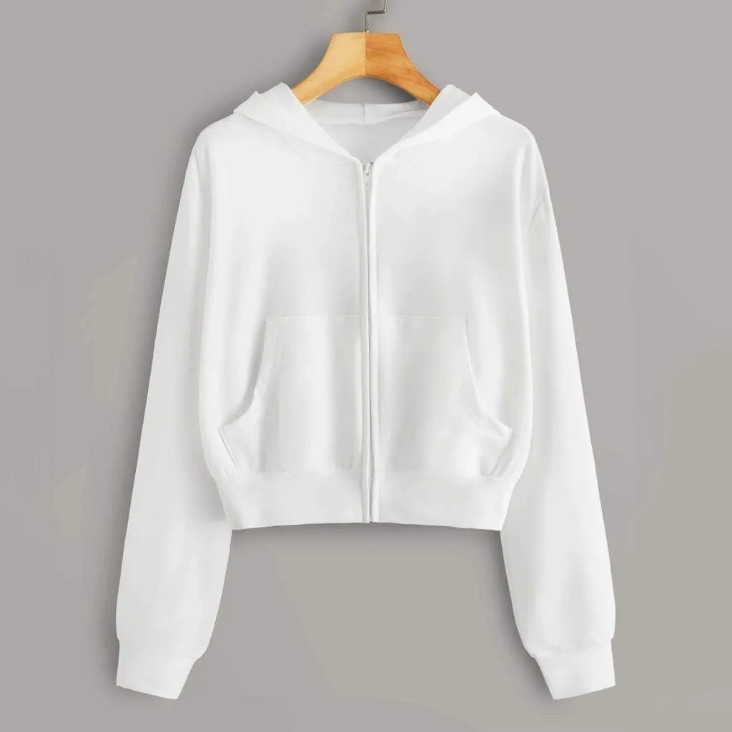 Zip Up Cropped Hoodies for Women Fleece Sweatshirts Long Sleeve Plain Sweaters Loose Pullover Fashion Hoodie