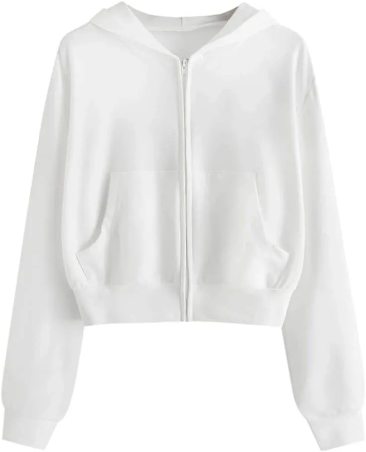 Zip Up Cropped Hoodies for Women Fleece Sweatshirts Long Sleeve Plain Sweaters Loose Pullover Fashion Hoodie