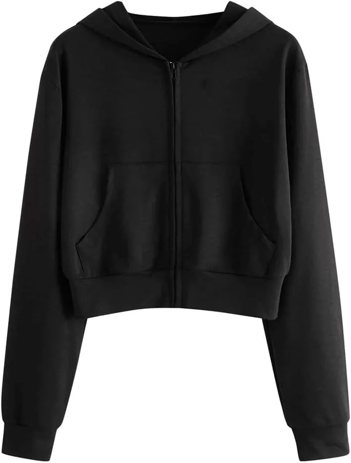 Zip Up Cropped Hoodies for Women Fleece Sweatshirts Long Sleeve Plain Sweaters Loose Pullover Fashion Hoodie