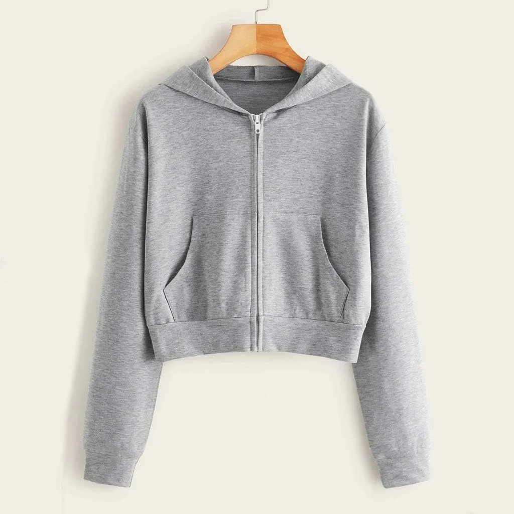 Zip Up Cropped Hoodies for Women Fleece Sweatshirts Long Sleeve Plain Sweaters Loose Pullover Fashion Hoodie
