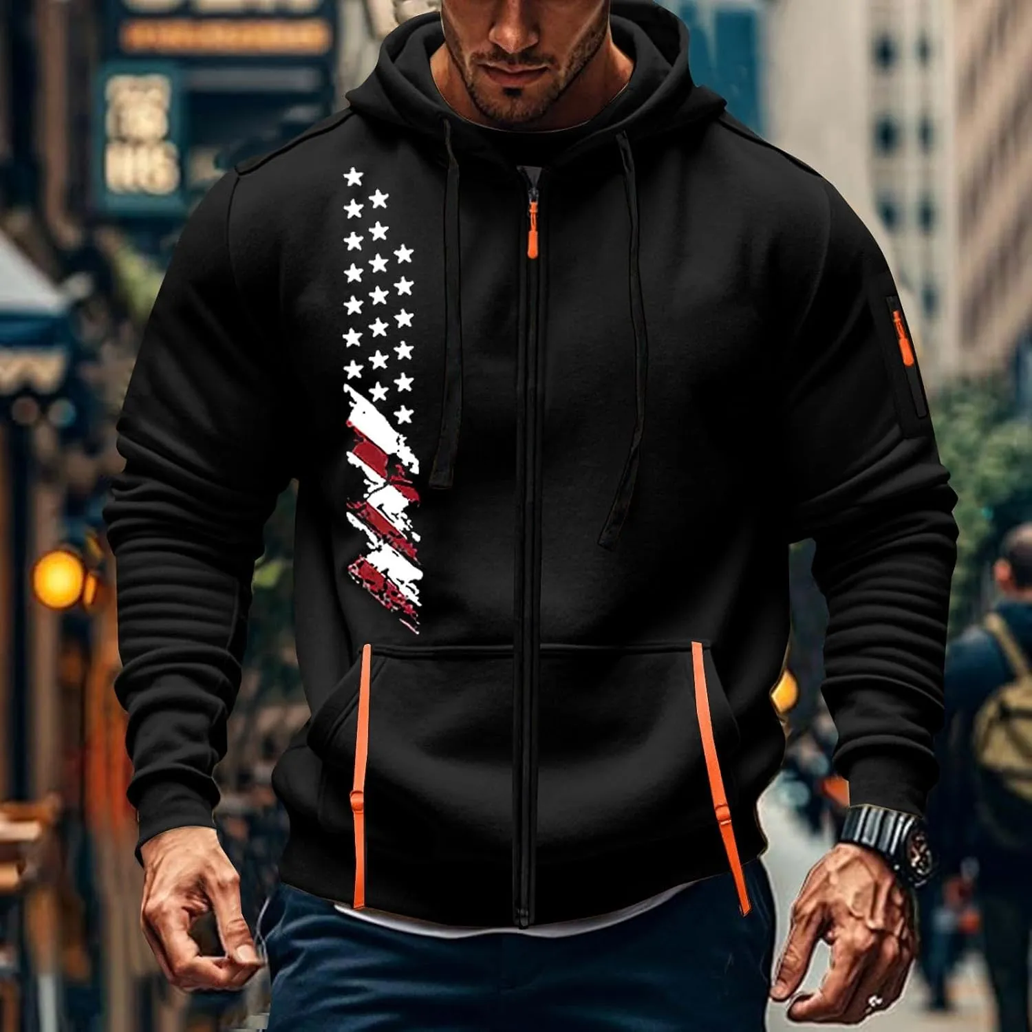 Zip Up Hoodie Men Lightweight Graphic Tactical Hoodies Multi-Pockets Workout Sweatshirts Outdoors Military Hoodie