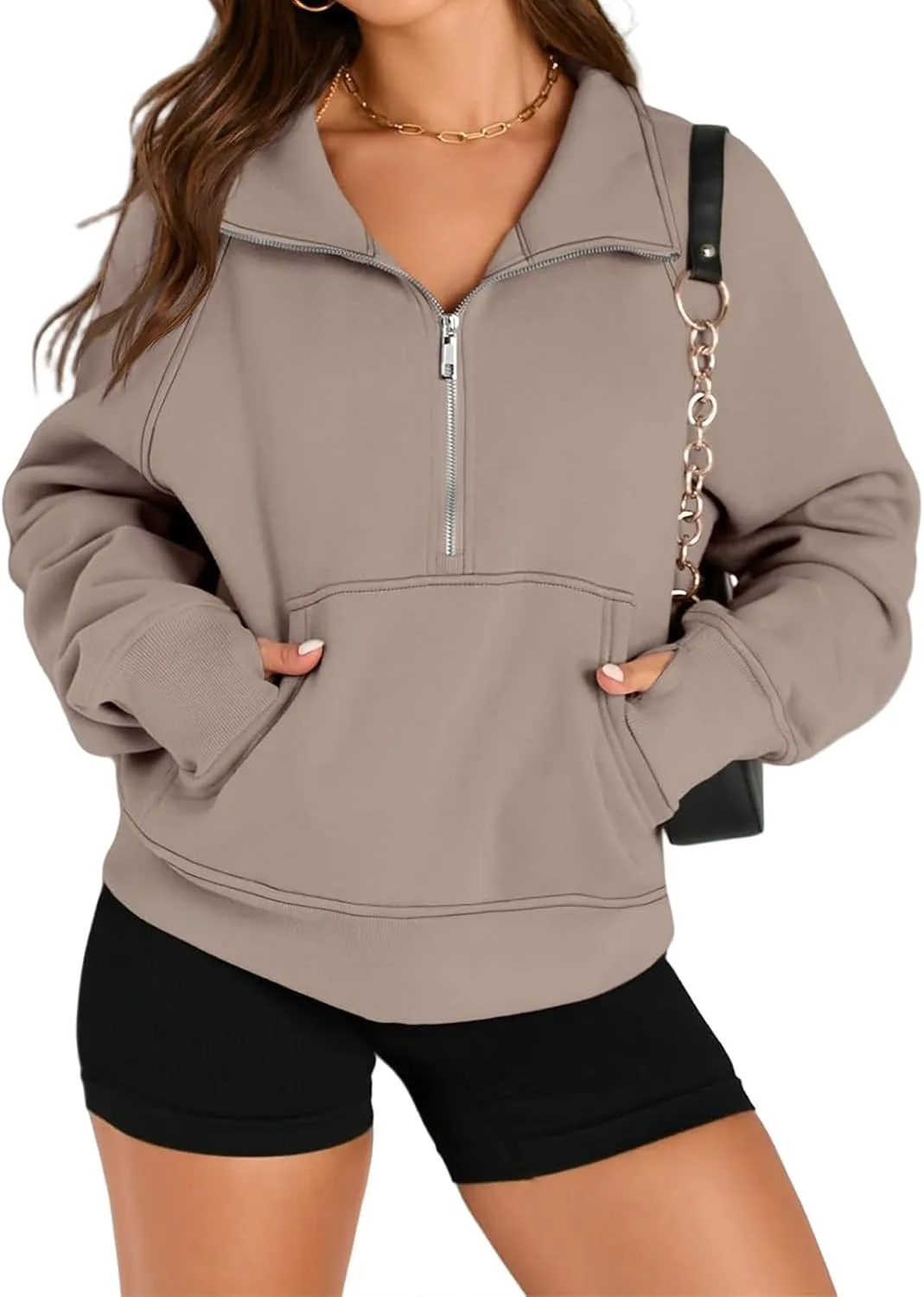 ZWRXW Womens Oversized Half Zip Sweatshirts Long Sleeve Stand Collared Solid Pullover Fall Fashion Fleece Outfits with Pocket